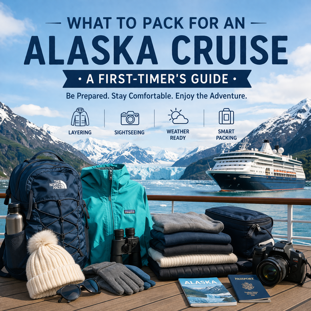 What to Pack for an Alaska Cruise with layered clothing, backpack, camera, and cruise ship near glacier
