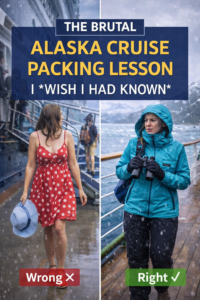 Alaska cruise packing mistake comparison showing wrong vs right clothing for cold rainy weather
