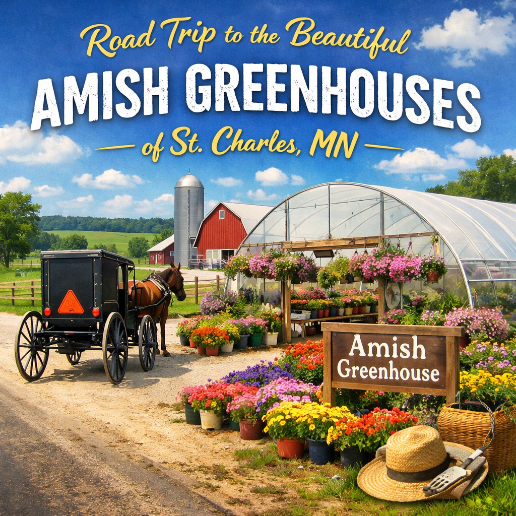 Road trip to the beautiful Amish Greenhouses of St. Charles MN feature image with horse buggy and flowers
