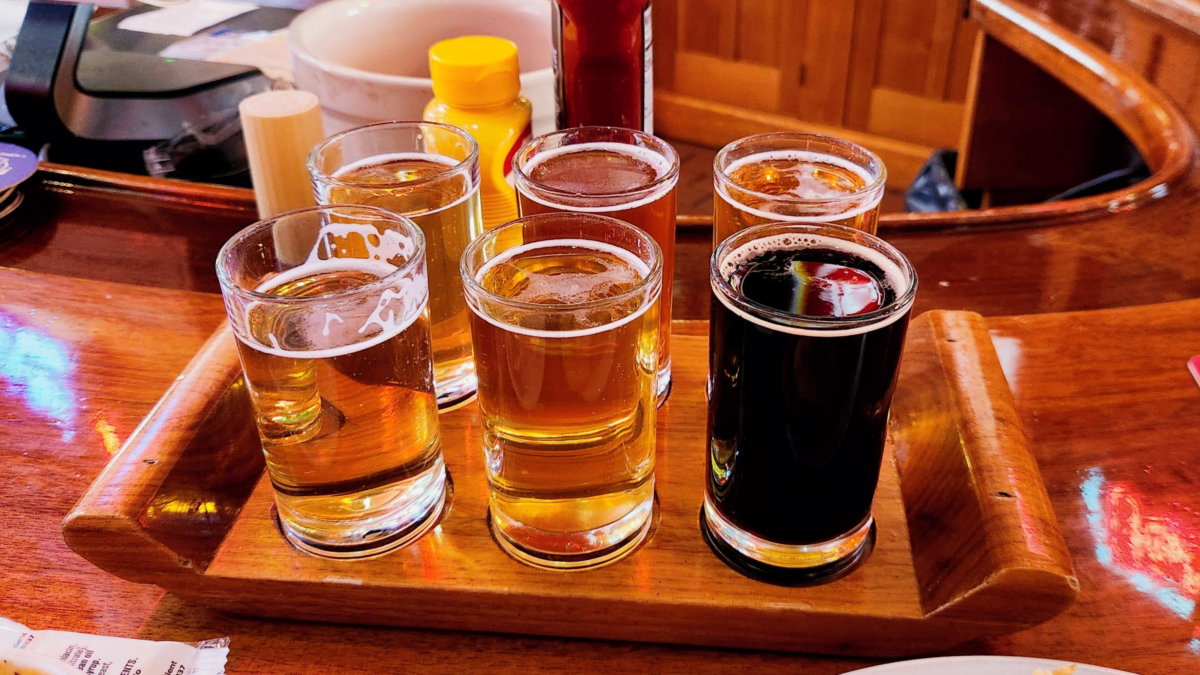 Beer flight sampler with multiple craft beers at Potosi Brewery