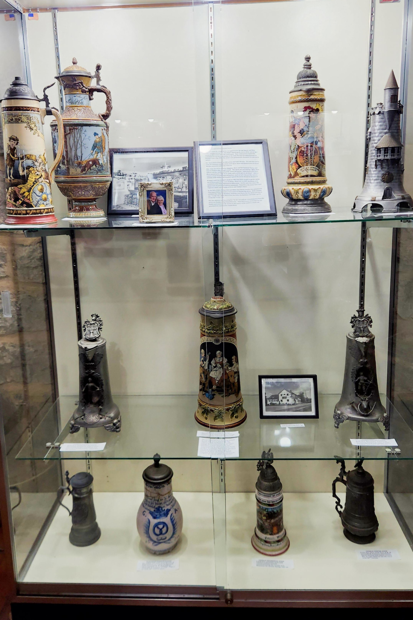 Antique beer steins displayed inside Potosi Brewery museum