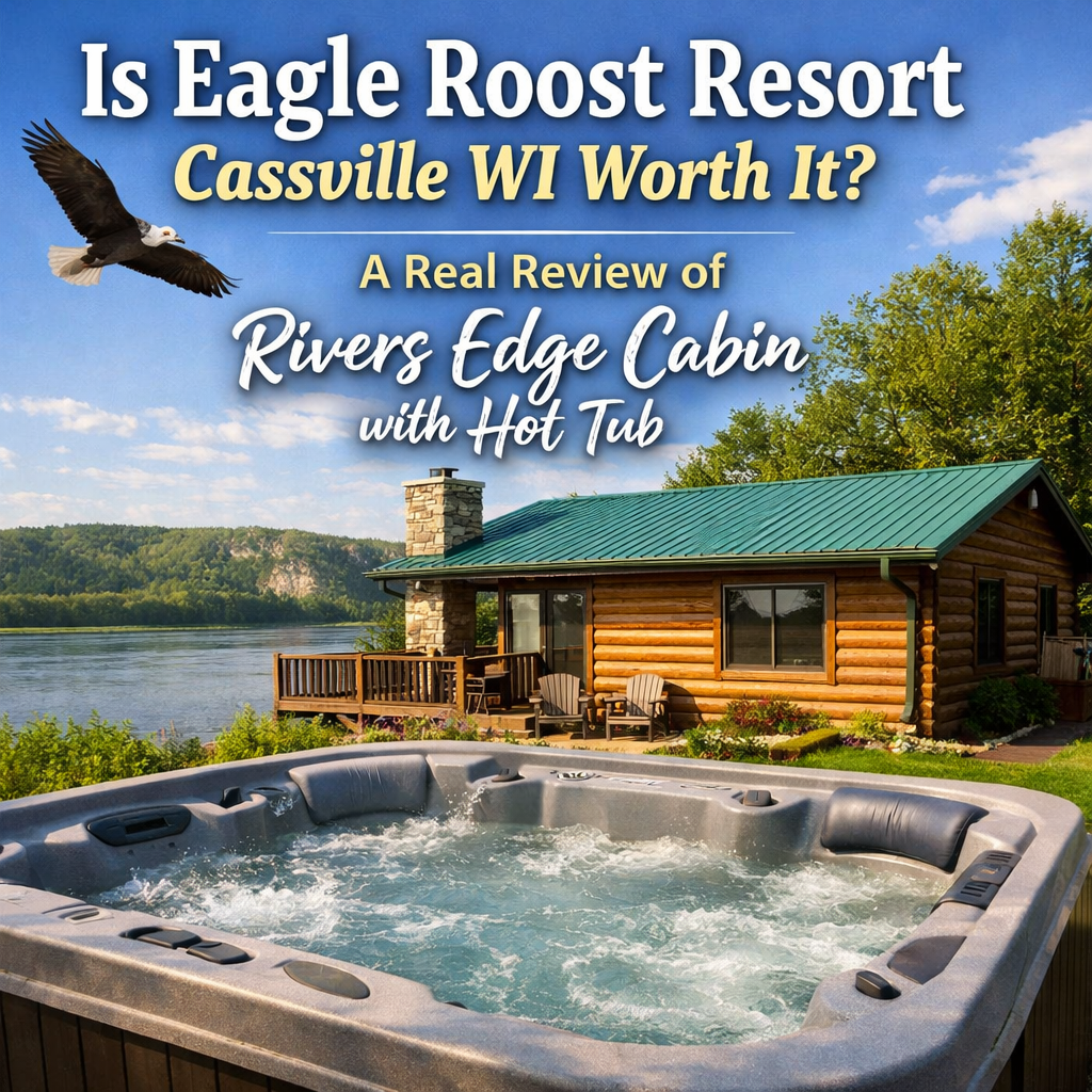 Eagle Roost Resort Rivers Edge Cabin hot tub Mississippi River Cassville WI review