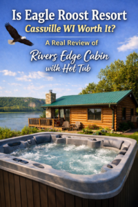 Eagle Roost Resort Cassville WI cabin review with Mississippi River views and hot tub stay