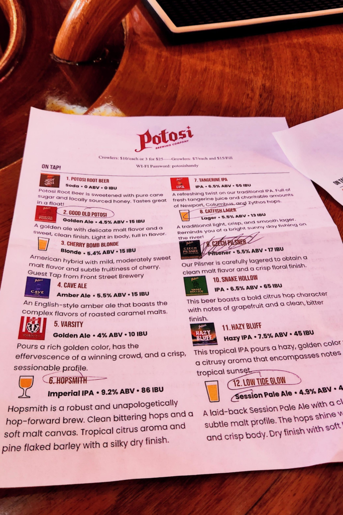 Potosi Brewery beer menu with flight selections and highlighted beers. what to order at Potosi Brewing