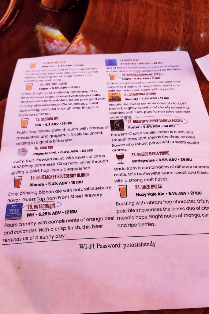 Back side of Potosi Brewery beer menu with additional beer options