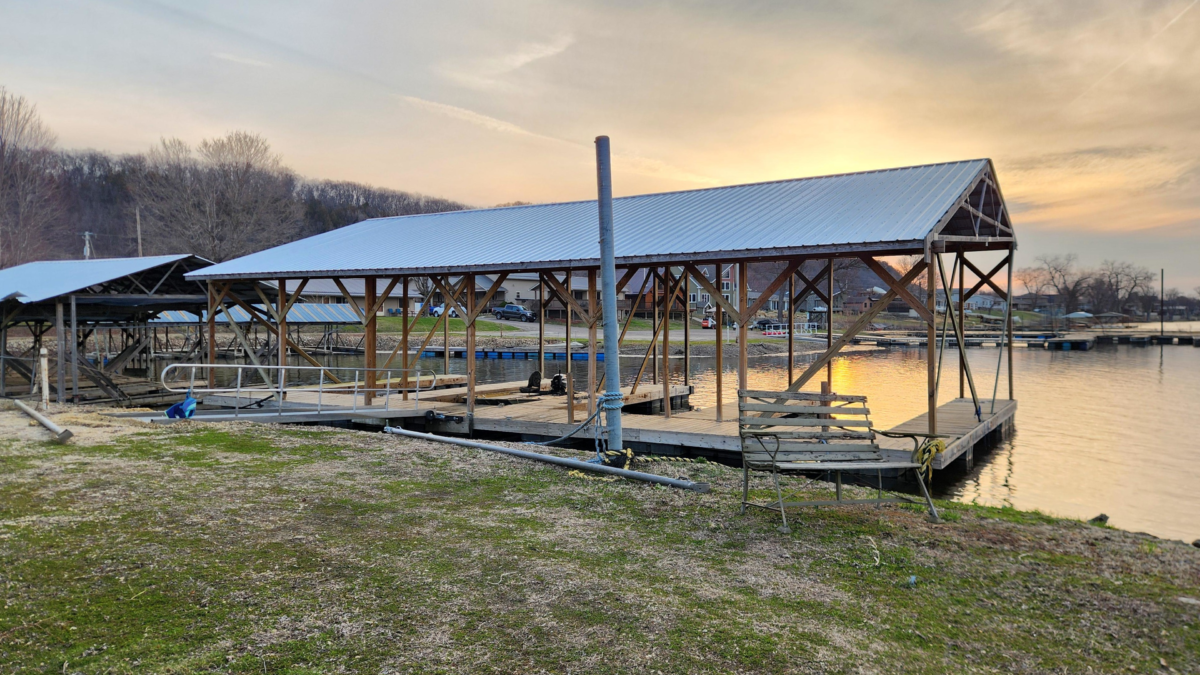 Boat dock and marina at sunset Eagle Roost Resort Cassville Wisconsin