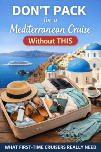 Mediterranean cruise packing tips showing what not to pack with open suitcase and Santorini background