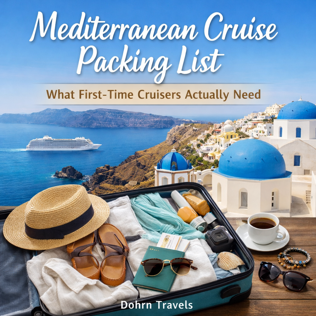 Mediterranean cruise packing list for first-time cruisers — open suitcase with hat, sandals, sunglasses, and scarf with Santorini cruise ship view
