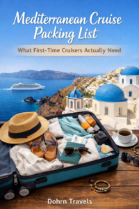 Mediterranean cruise packing list with suitcase, summer outfits, and Santorini ocean view for first-time cruisers