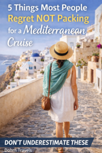 woman walking in Santorini highlighting Mediterranean cruise packing mistakes and items people regret not bringing