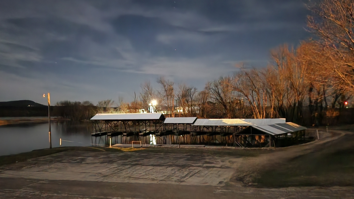 Marina at night Eagle Roost Resort Cassville WI riverfront lights