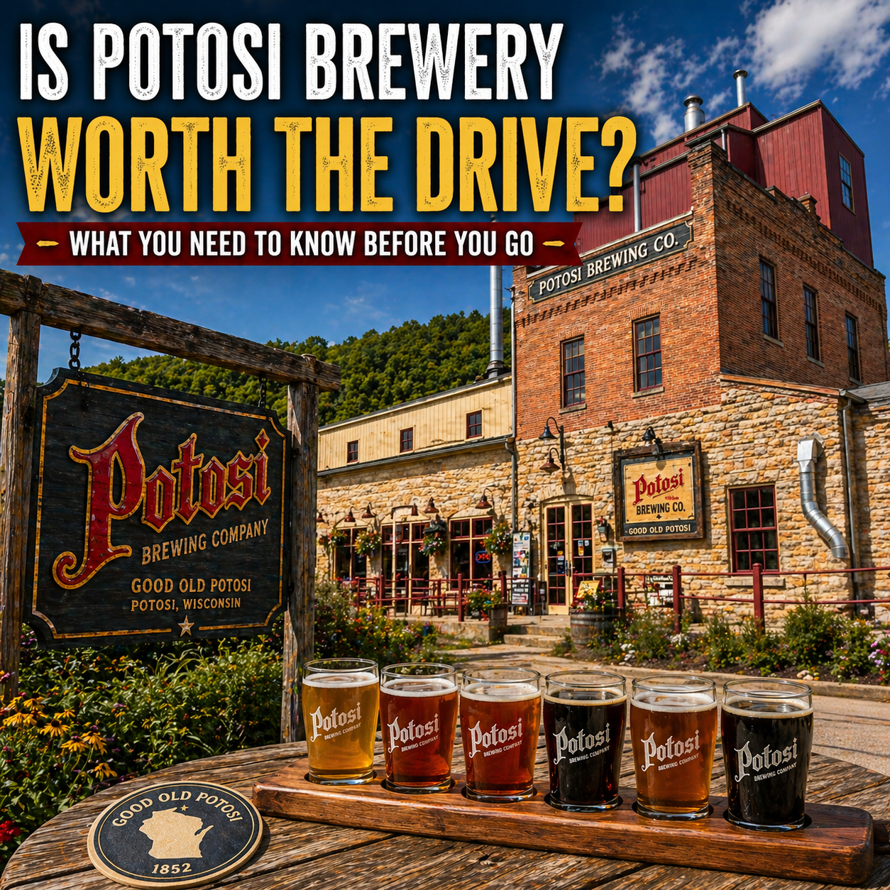 Potosi Brewery exterior with beer flight in foreground Wisconsin. Potosi Brewery Review