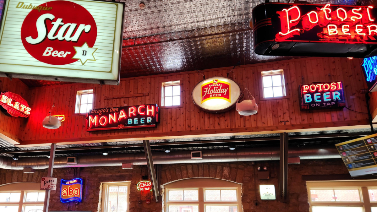 Vintage neon beer signs inside Potosi Brewery brewpub. Potosi Brewery Review
