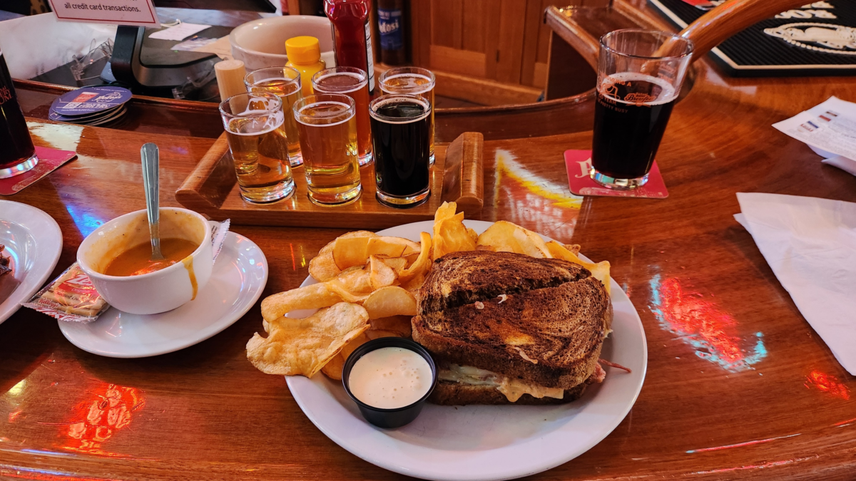 Reuben sandwich with chips, beer flight, and soup at Potosi Brewery restaurant