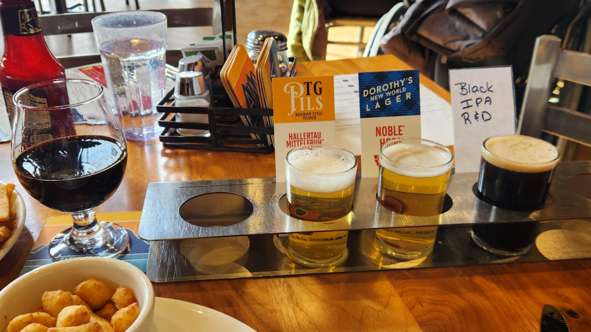 Beer flight sampler at Toppling Goliath Brewing Co in Decorah Iowa