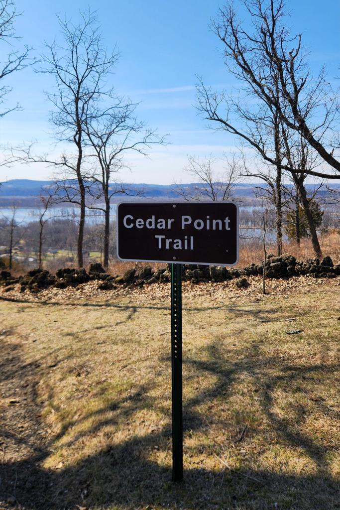 Cedar Point Trail sign at Nelson Dewey State Park overlooking the Mississippi River