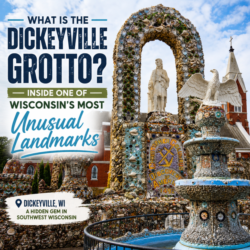 Dickeyville Grotto in Wisconsin featuring the Christopher Columbus shrine, shell mosaic arch, and church steeple