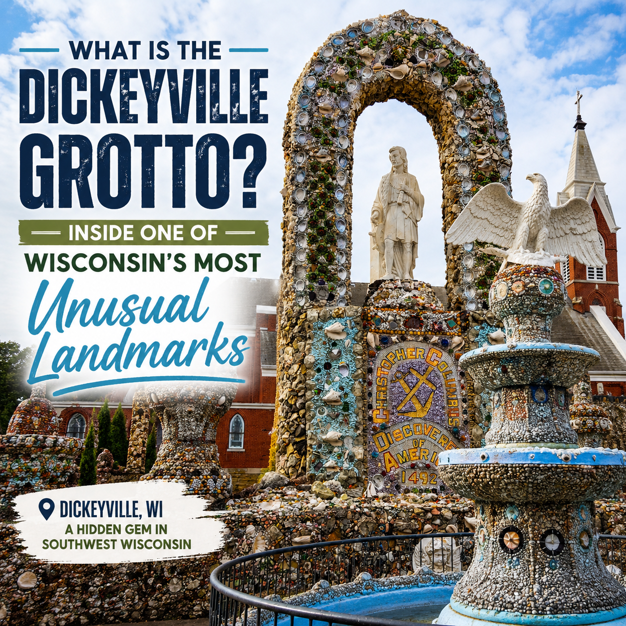 Dickeyville Grotto in Wisconsin featuring the Christopher Columbus shrine, shell mosaic arch, and church steeple