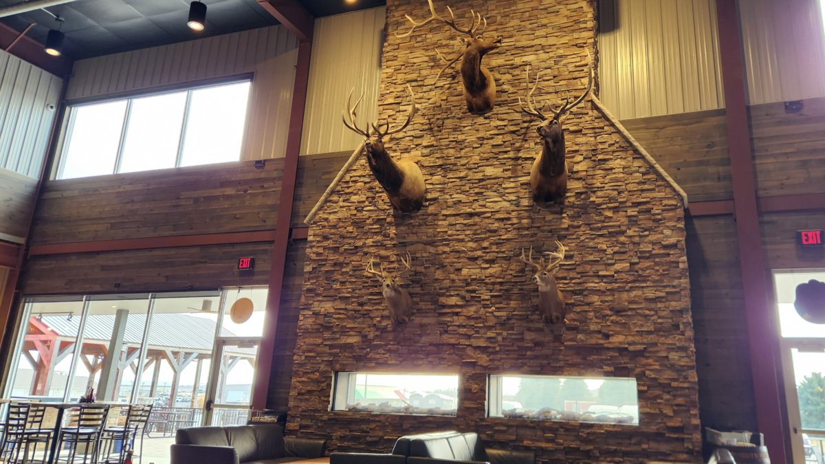 Large stone fireplace wall and mounted elk inside Toppling Goliath Brewing taproom