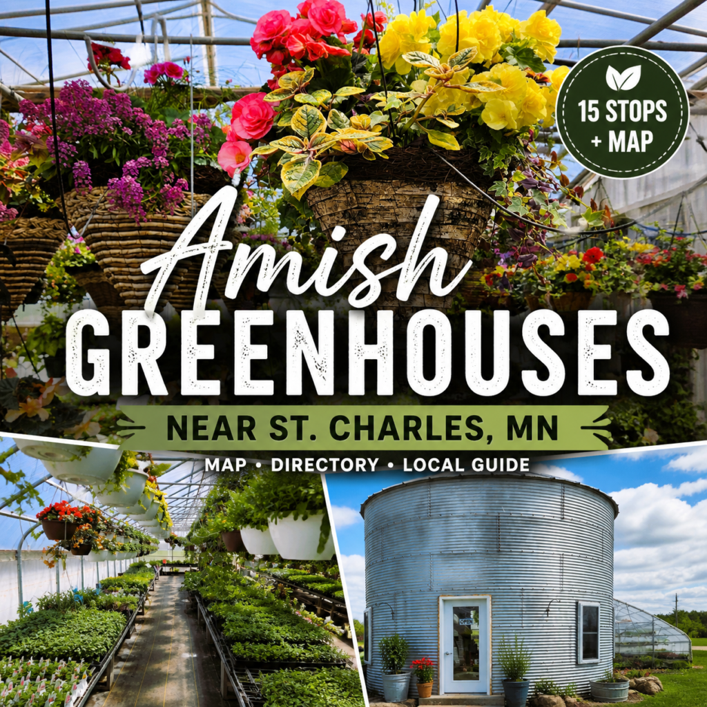 Amish greenhouses near St Charles MN with hanging flower baskets, greenhouse plants, and grain bin greenhouse exterior