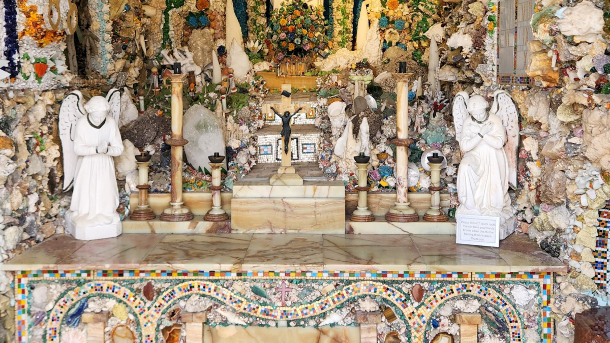 Angel statues and altar inside Dickeyville Grotto shell mosaic shrine