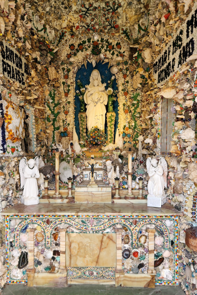 Mary altar inside shell mosaic chapel at Dickeyville Grotto in Wisconsin
