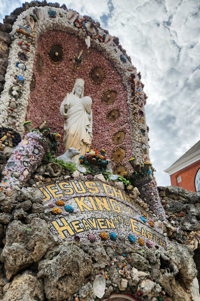 Jesus statue surrounded by shell mosaic artwork at Dickeyville Grotto