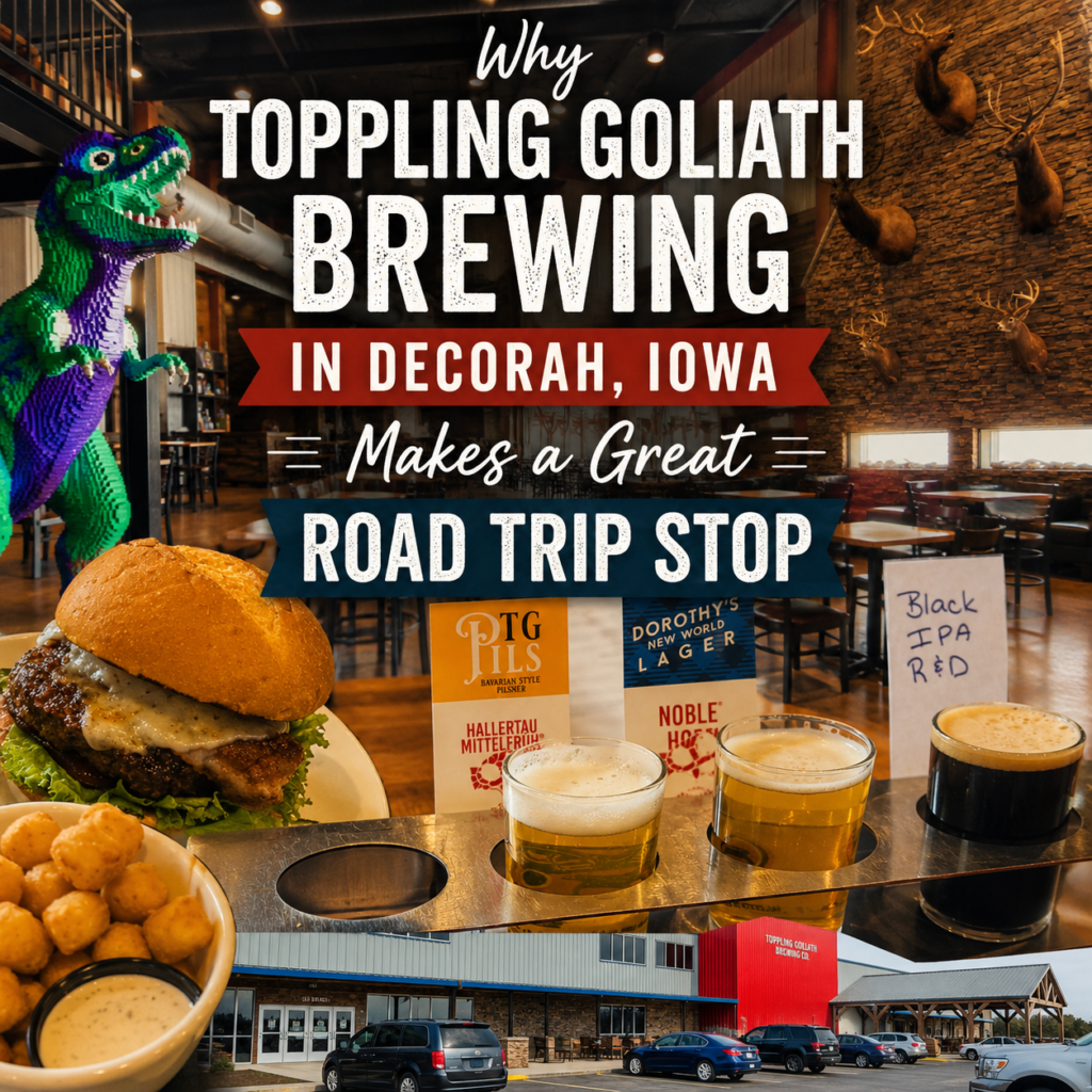 Toppling Goliath Brewing taproom beer flight burger and LEGO dinosaur in Decorah Iowa