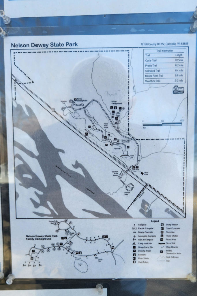 Nelson Dewey State Park trail map showing hiking trails and campground layout