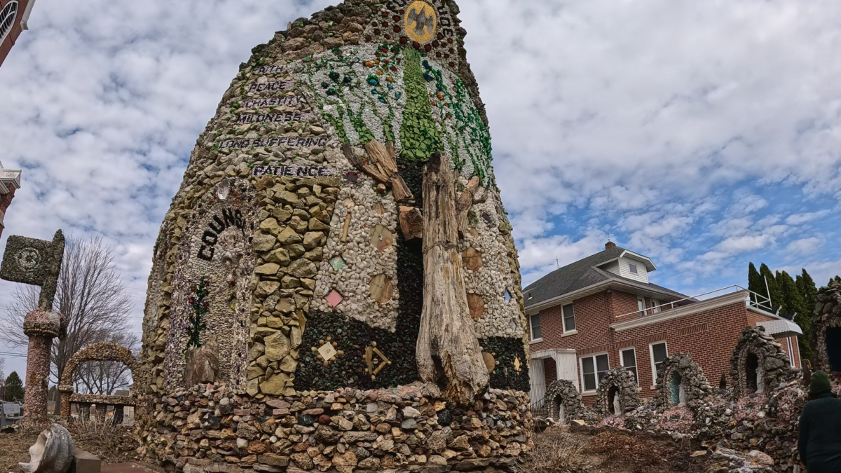 Stone and shell mosaic shrine wall at Dickeyville Grotto in Wisconsin