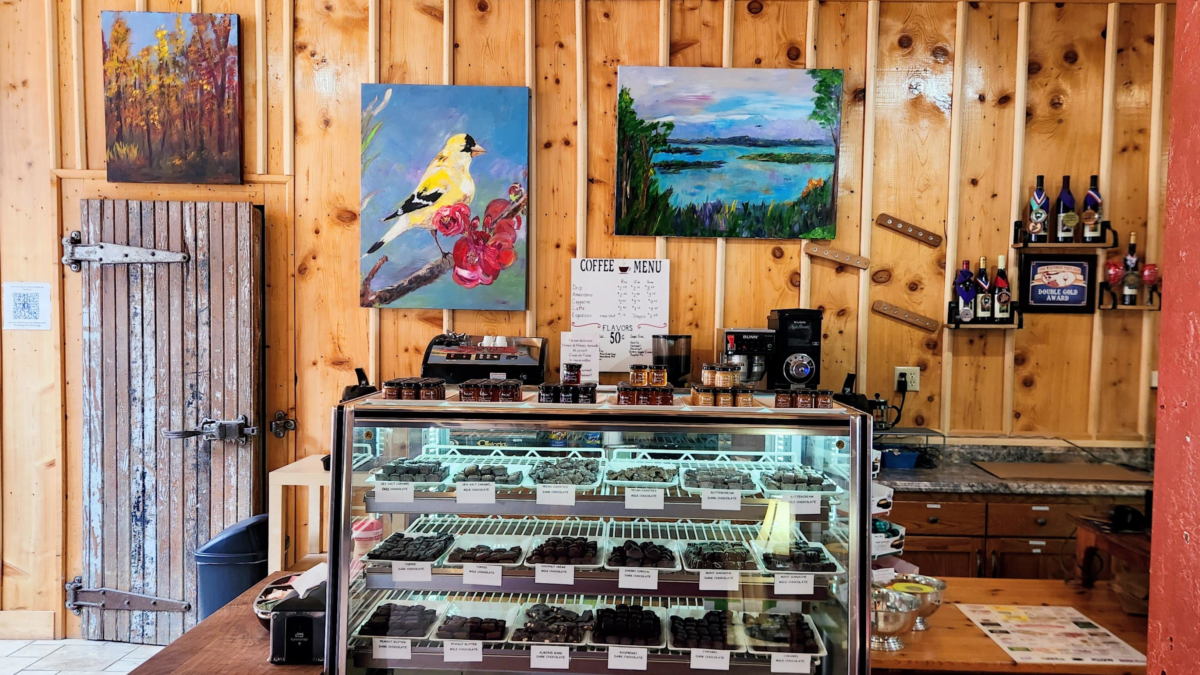 chocolate and coffee display at Whispering Bluffs Winery in Potosi Wisconsin