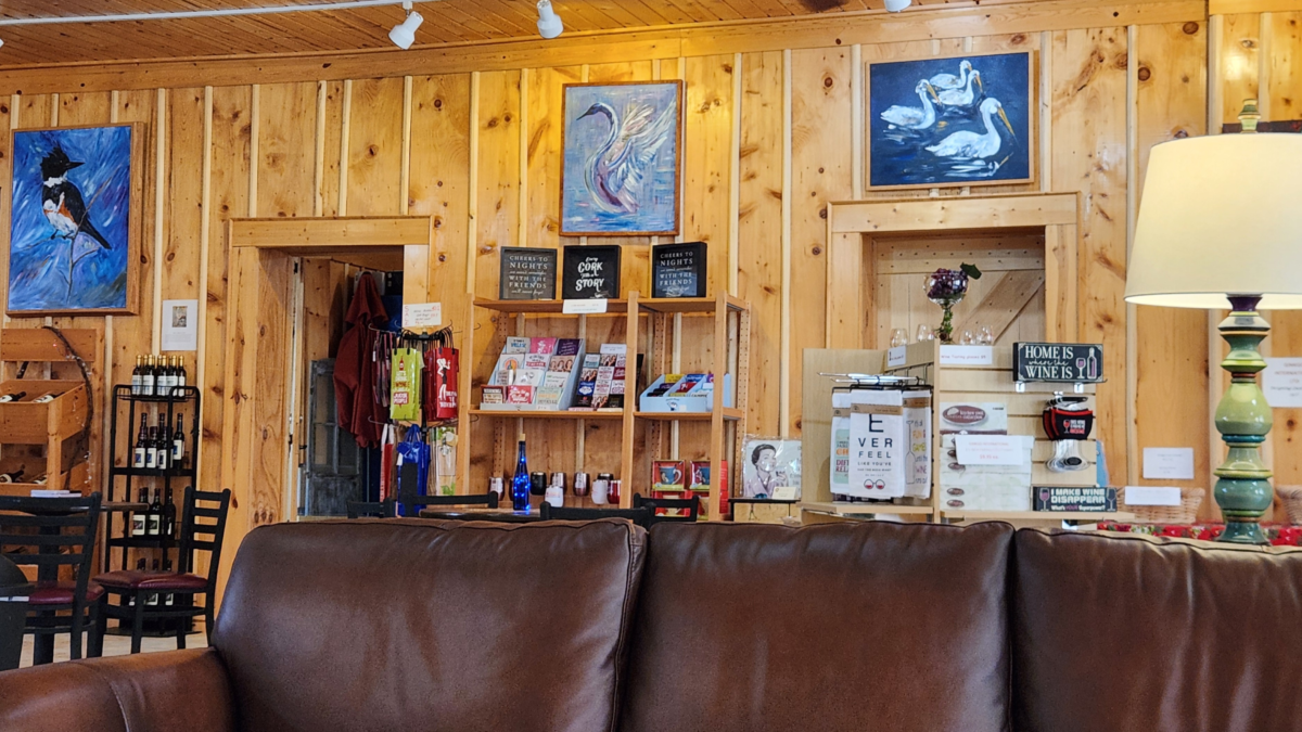 lounge seating and gift items at Whispering Bluffs Winery in Potosi WI