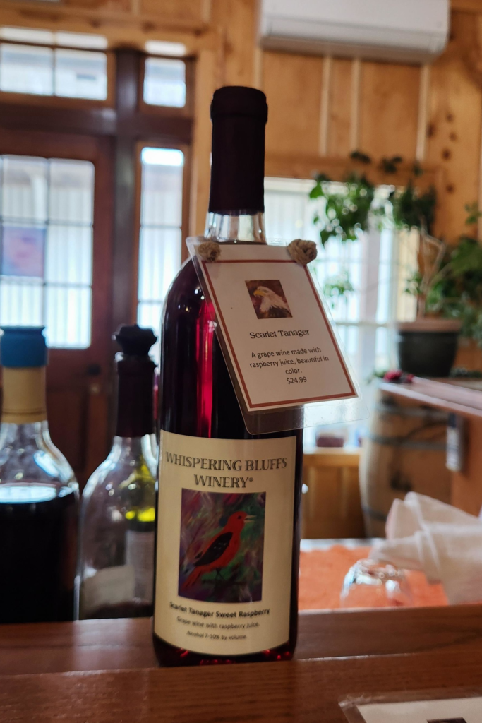 Scarlet Tanager raspberry wine bottle at Whispering Bluffs Winery Potosi WI. fruit wine Wisconsin winery