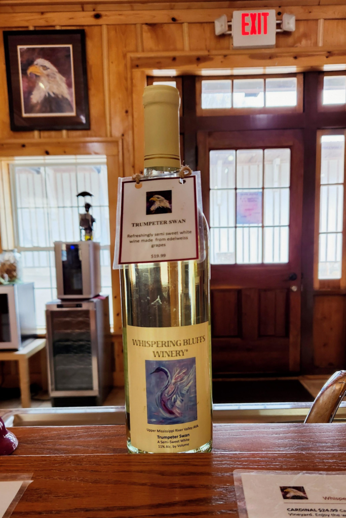 Trumpeter Swan wine bottle at Whispering Bluffs Winery in Potosi WI. bird label wine Wisconsin