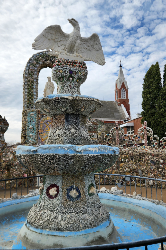 Mosaic fountain with eagle statue at Dickeyville Grotto & Shrines in Wisconsin