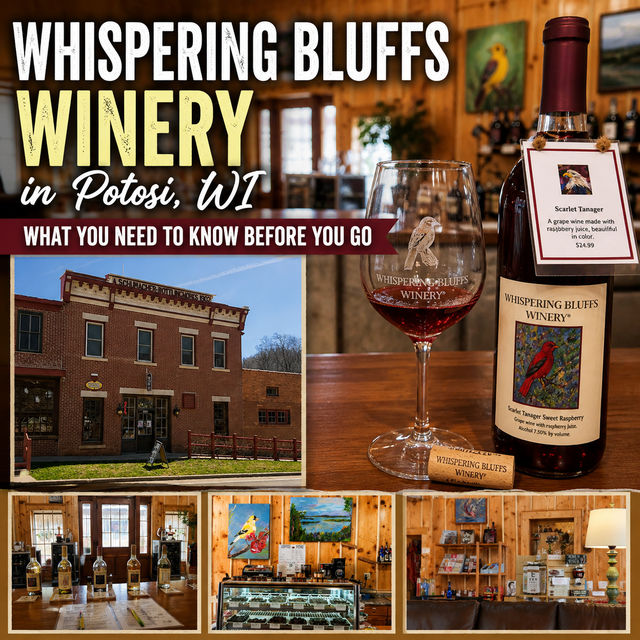 Whispering Bluffs Winery in Potosi WI tasting room, wine bottle, glass, and building exterior. is Whispering Bluffs Winery worth visiting