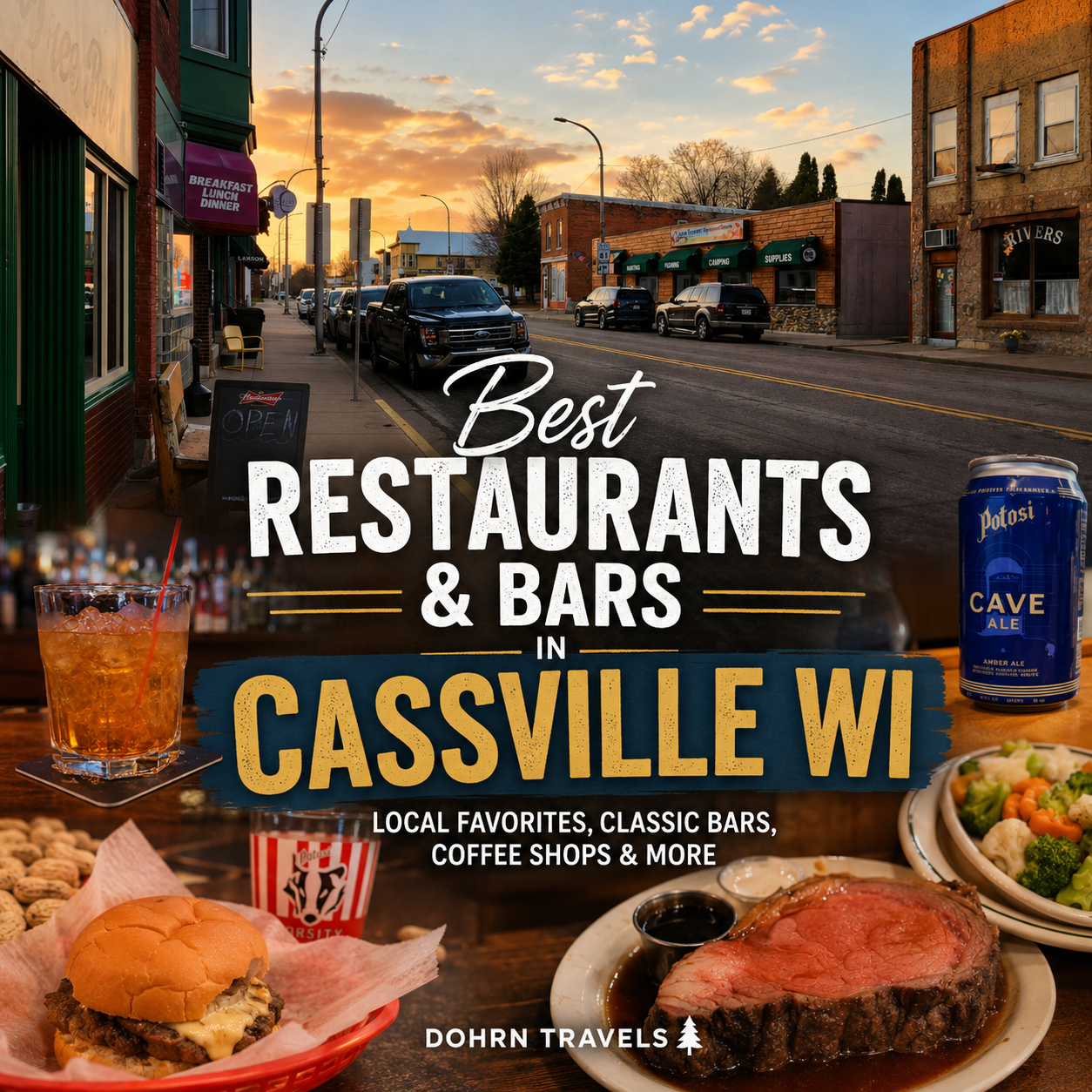 Best restaurants and bars in Cassville WI featuring local dining, burgers, coffee shops, bars, and food near the Mississippi River.