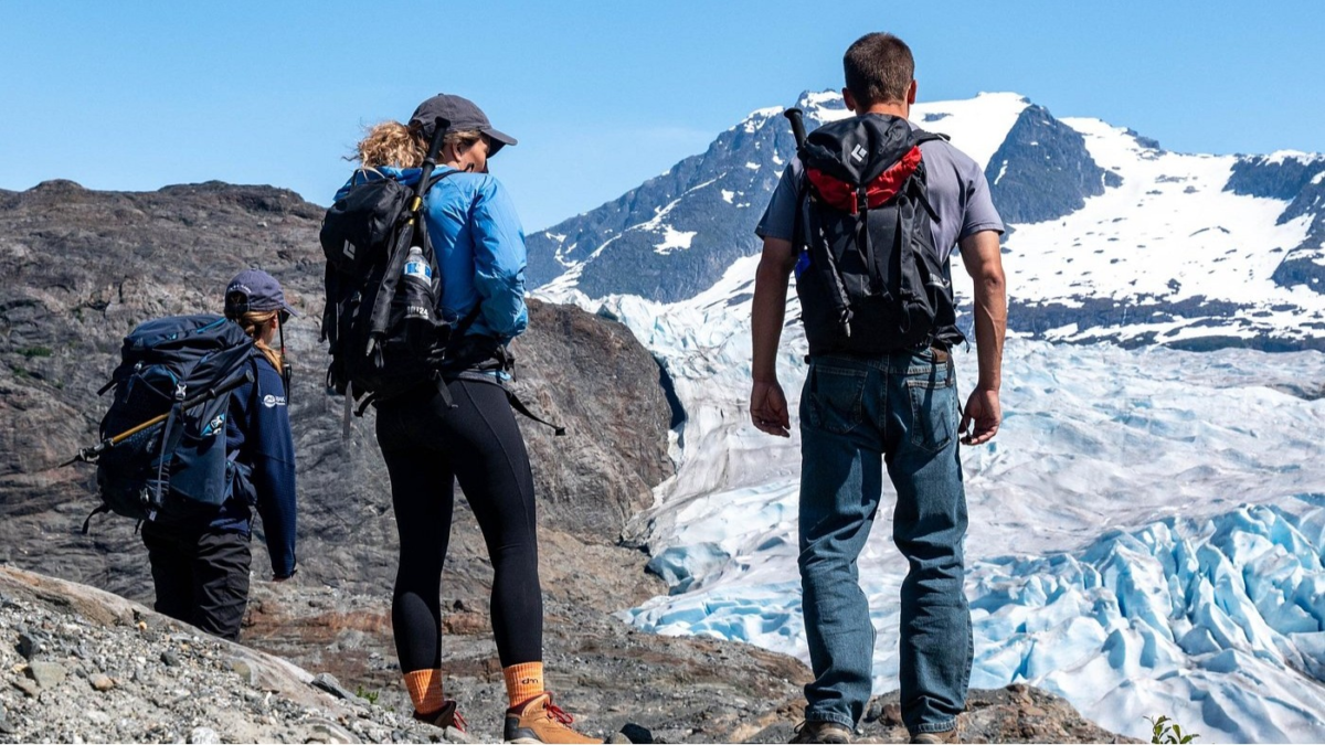 Hikers overlooking Mendenhall Glacier during a guided hiking tour