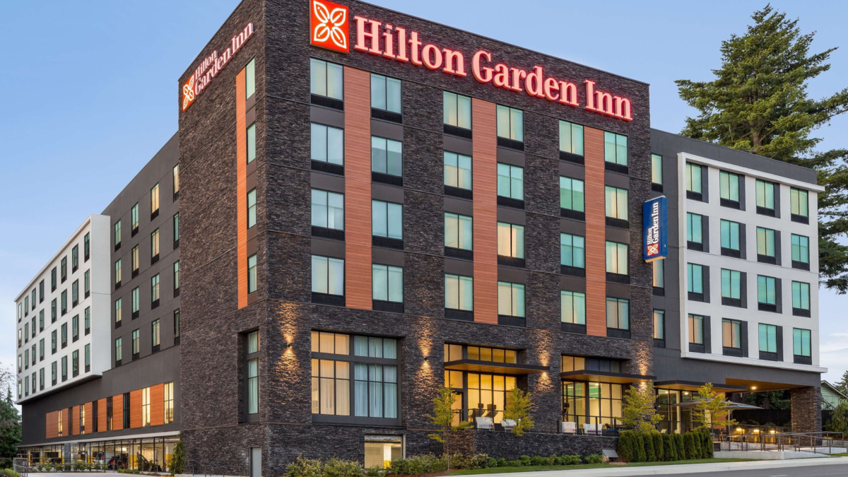 Exterior of Hilton Garden Inn Seattle near downtown and the cruise terminals.