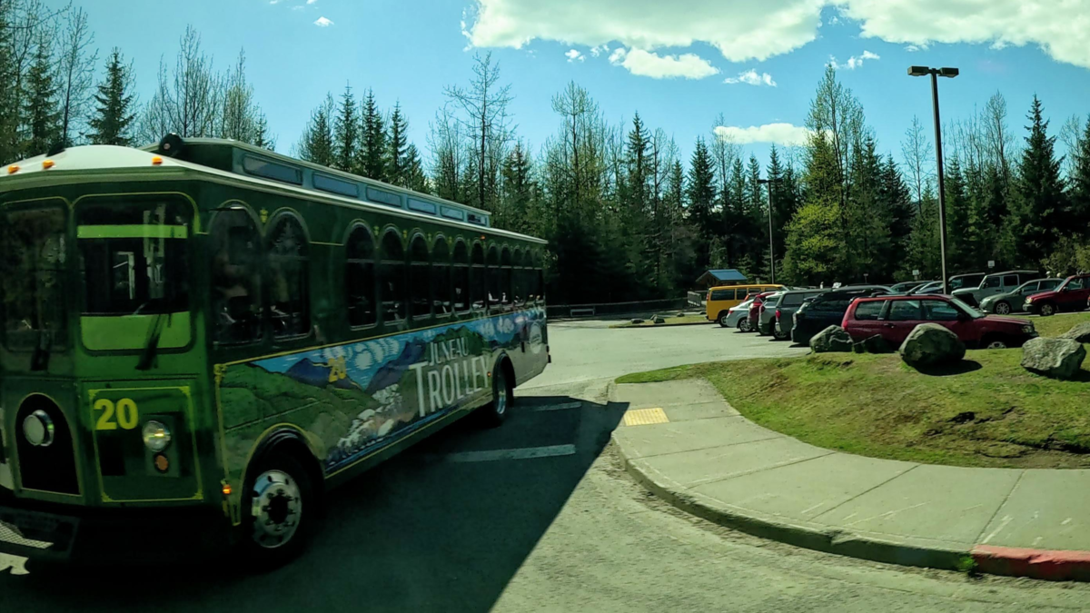 Juneau Trolley arriving at Mendenhall Glacier parking area