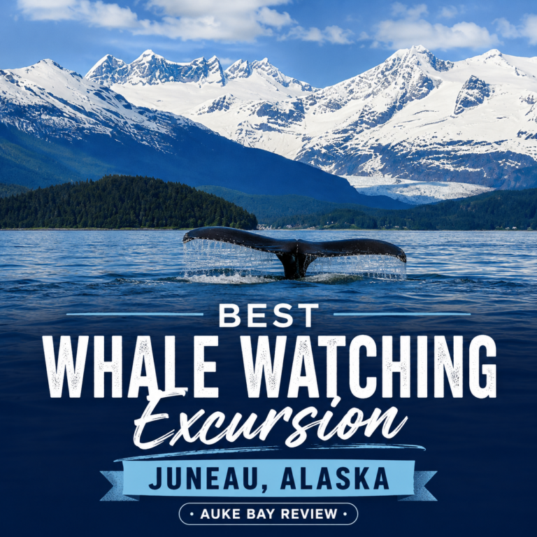 Humpback whale tail during a Juneau whale watching tour in Auke Bay Alaska with snow-capped mountains in the background
