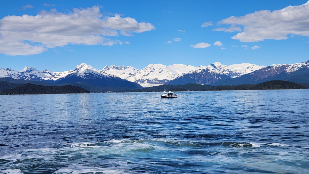Boat on a calm blue lake with snow-capped mountains and a forested shoreline under a clear sky.