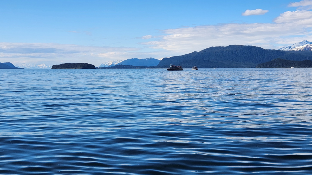 Calm blue sea with small boats near distant forested islands and snow-capped mountains under a clear sky, late afternoon light.