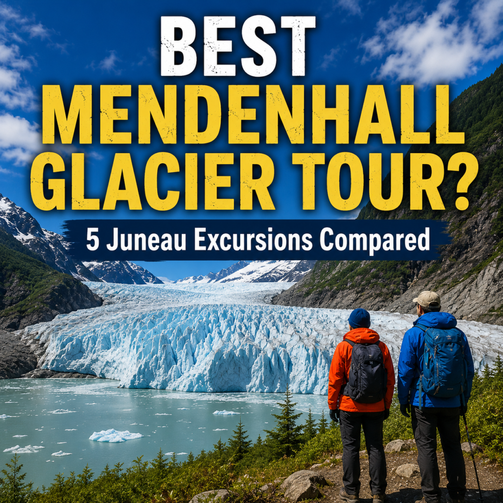 Best Mendenhall Glacier tour in Juneau Alaska with hikers overlooking the glacier and mountains