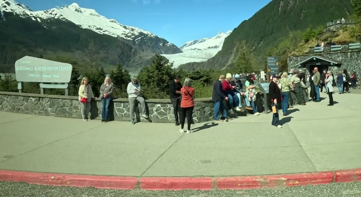 Visitors viewing Mendenhall Glacier from the Visitor Center overlook