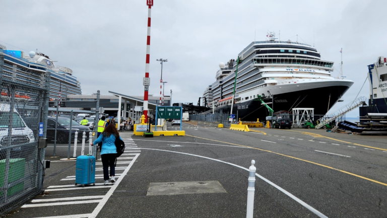 Holland America cruise ship docked at Seattle Pier 91 before boarding an Alaska cruise.