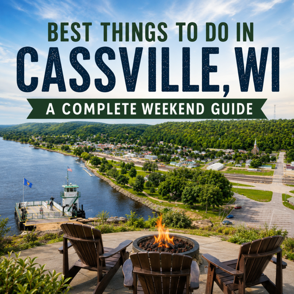 Best things to do in Cassville WI travel guide featuring an aerial view of town, the Cassville Car Ferry, and Mississippi River overlooks.