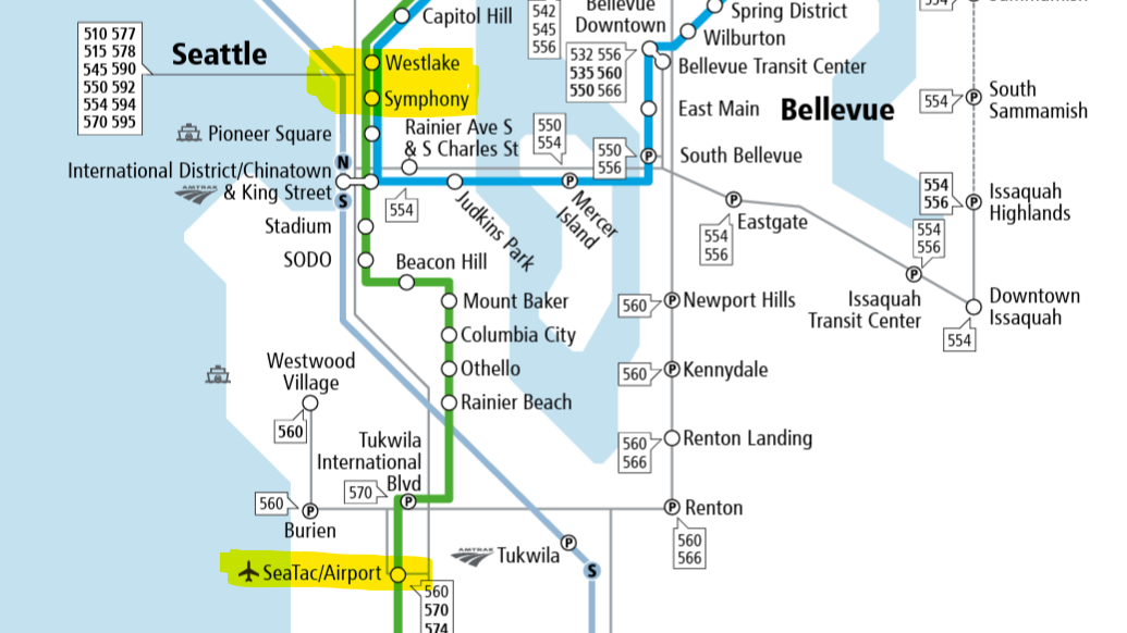 Seattle Link Light Rail map showing the route from SeaTac Airport to downtown Seattle for cruise passengers.