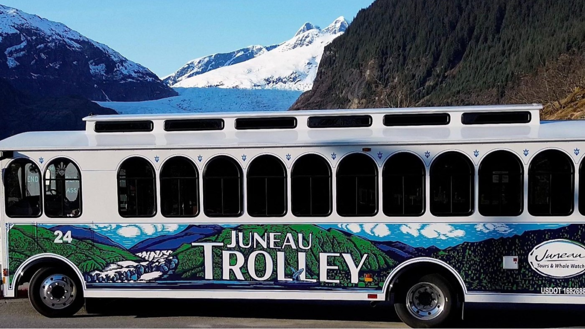 Juneau Trolley parked near Mendenhall Glacier in Juneau Alaska