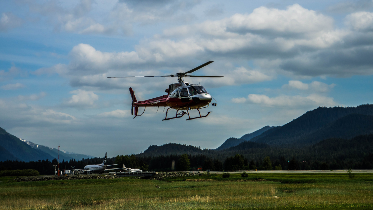 Helicopter tour departing for a glacier flightseeing excursion in Juneau Alaska